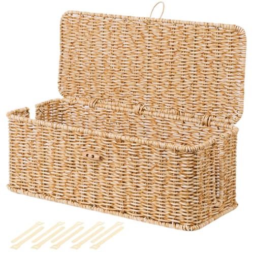 BROWNLILY Cable Management Box, Rattan Style Cord Organizer for Desk Cord Hider Outlet Covers for Power Strip TV PC Router Charger Under Desk Storage with Lockable Lid and Cable Ties - color: Natural, size: L