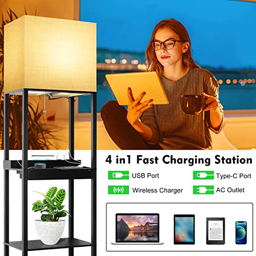 RUNTOP Plus Charging Station Floor Lamp with Wireless Charger, 2 USB-C Port, 2 Power Outlet, Floor Lamp with Shelves, 15W LED Bulb, 3 Colors, Memory Function, Standing Lamp for Living Room Bedroom - color: Upgraded Plus- Black with Wireless Charger &USB P