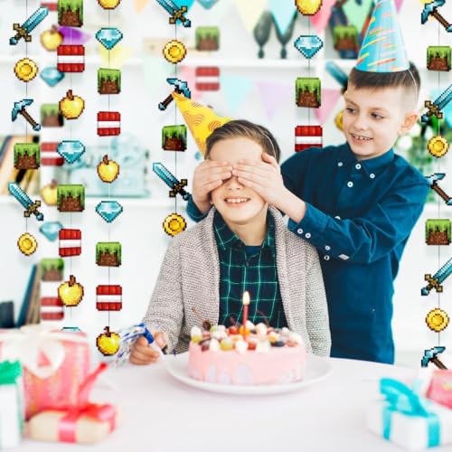 Cheerland Pixel Party Birthday Decorations Gaming Themed Wall Banner Hanging Miner Garland Streamers Photo Backdrop Room Decor Block Mine Cube Craft Ceiling Theme Bedroom Decoration Supplies NO DIY