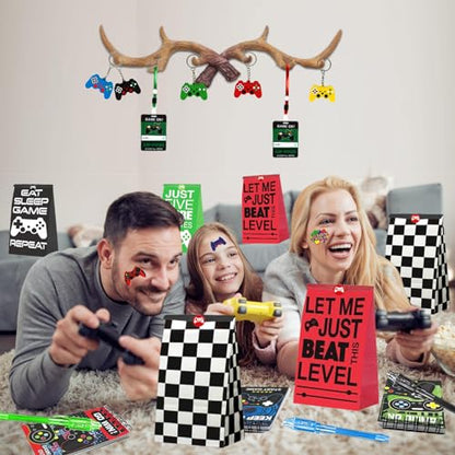 146 Pcs Video Game Party Favors, Gamer Party Favor -Ink Pen Notebook VIP Passes with Lanyards Slap Bracelets Keychains Bags Tattoo Stickers for Kids Gaming Party Favors Game On Birthday Partys Favor - style: Video Favor
