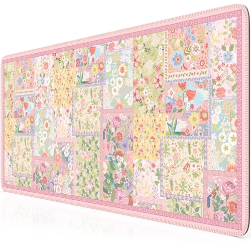 HAOCOO Cute Pink Desk Matt for Desktop, Floral Mouse Pad with Stitched Edge, Desk Protector Mat with Non-Slip Rubber Base, 35.4” x 15.7" Largr Computer Pad for Women Office - color: Pink2