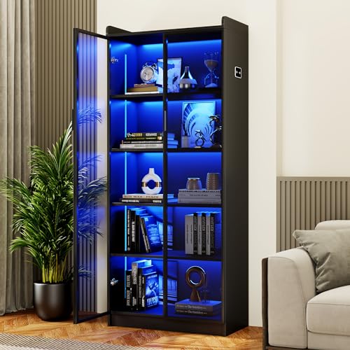 Dystler 65" Tall 5-Tier Display Cabinet with Doors and Adjustable Shelves | Curio Case Bookcase for Collectibles & Models, Motion Sensor LED Lights for Bedroom Living Room Office, Black - color: Black