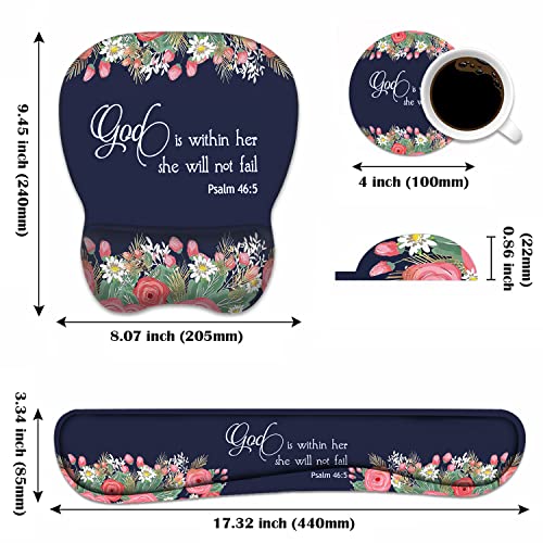 Ergonomic Mouse Pad Wrist Support and Keyboard Wrist Rest Set with Coasters, Non-Slip PU Base, Easy Typing & Pain Relief, Perfect for Home Office Working Studying, Floral Quote Bible Verse Psalm 46:5 - color: Floral Quote Bible Verse Psalm 46:5