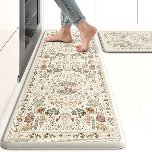 KIMODE Anti Fatigue Kitchen Mats 17"x47"+17"x29", Vibrant Floral Kitchen Rugs Sets of 2, Cushioned Non Skid Kitchen Mats for Floor, Comfort Kitchen Floor Mats for Sink Laundry Desk Beige - color: Forest/Beige, size: 17.3" x 47"+17.3" x 29"--0.47 inches