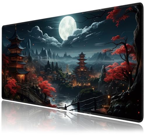 Japanese Full Moon Large Mouse Pad,Gaming Keyboard Desk Pad,Extended Mouse Mat Non-Slip Rubber Base with Stitched Edges for Office Game Home XXL 35.4"x15.7" - color: Japanese Moon, size: 35.4L x 15.7W inches
