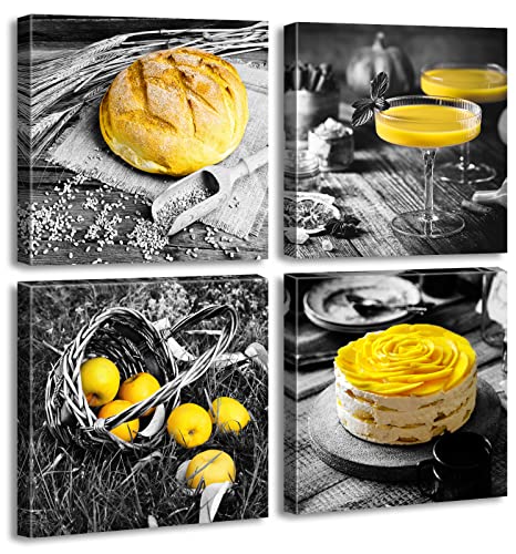DJSYLIFE Kitchen Wall Decor Black and White Yellow Wall Art Bread Cake Fruit Picture Canvas Print Paintings for Cafe Dining Room Restaurant Farmhouse Kitchen Decoration 12" Wx12 Hx4 - color: kitchen