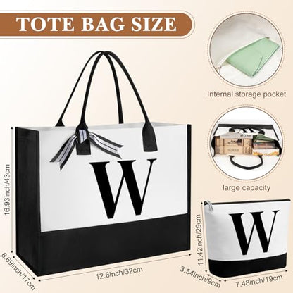 Aliceset Initial Gifts for Women Monogram Canvas Tote Bag and Makeup with Zipper and Initial Glass Coffee Cup Gifts for Her - style: Letter W