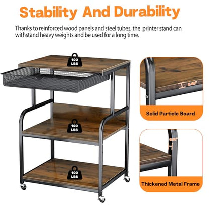 Large Printer Stand with Storage Shelf, Industrial Rolling Printer Cart Holder with Lockable Wheels, 5-Adjustable Heights, 3D Scanner Fax Printer Table for Home Office Use - size: Medium