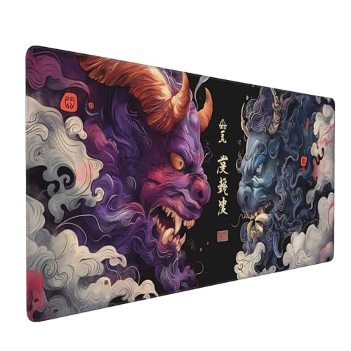 Extended Gaming Mouse Pad, XXL Non-Slip Rubber Base,Waterproof with Stitched Edges, Japanese Demon Design, Ultra-Smooth Cloth Surface, 35.4 x 15.7 Inches - color: Demon