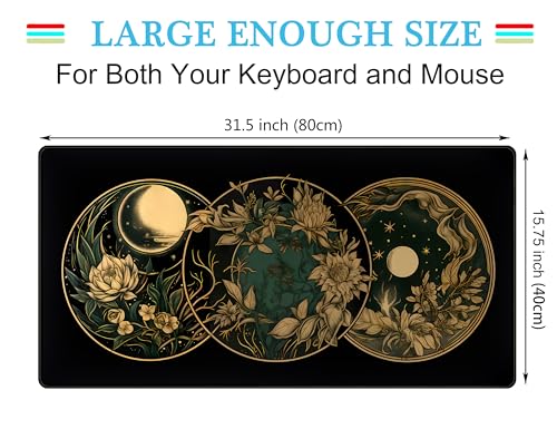 Aesthetic Celestial Desk Mat Vintage Flowers Desk Pad Large Mouse Pad Gaming Mousepad Extended XXL Computer Mat 31.5x15.75 in, Cute Laptop Keyboard and Mouse Mat for Women Office Desk Decor Pad - color: Black Celestial