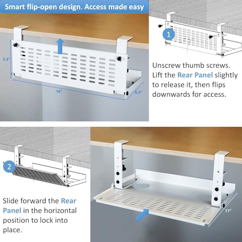 AEONS Universal Under Desk Cable Management Tray-Clamp Mount Hinged Swing Modesty Panel Organizer for Office Desks Easy Access Flip-Down position Power Strip Cord Storage No-Drill 25 lb Capacity White - style: 16" Swing, White