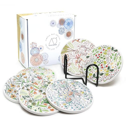 AD Set of 6 Coasters for Drinks Absorbing Round Ceramic Stone Coaster with Cork Base,Tabletop Protection Mat for Mugs and Cups,Office,Kitchen (Bontanicals with Holder) - style: Bontanicals with Holder