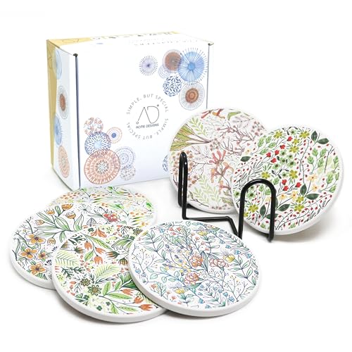 AD Set of 6 Coasters for Drinks Absorbing Round Ceramic Stone Coaster with Cork Base,Tabletop Protection Mat for Mugs and Cups,Office,Kitchen (Bontanicals with Holder) - style: Bontanicals with Holder