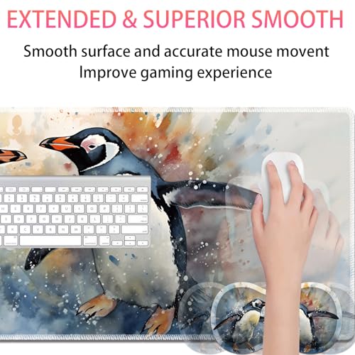 Large Gaming Mouse Pad + Mouse Wrist Rest Pad + Coaster Combination, 31.5 "x 11.8" Durable Non-Slip Extension Table Mat, Suitable for Office and Home, Watercolour Penguins - color: Watercolour Penguins