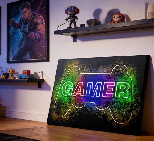 Cool Gaming Canvas Wall Art, Colorful Neon Gamepad Painting Picture Wall Decor, Video Gamer Poster Print Artwork for Teen Boys Room Kids Gamer Room Bedroom Home Decoration 12 x 16 Inch - size: 16"L x 12"W