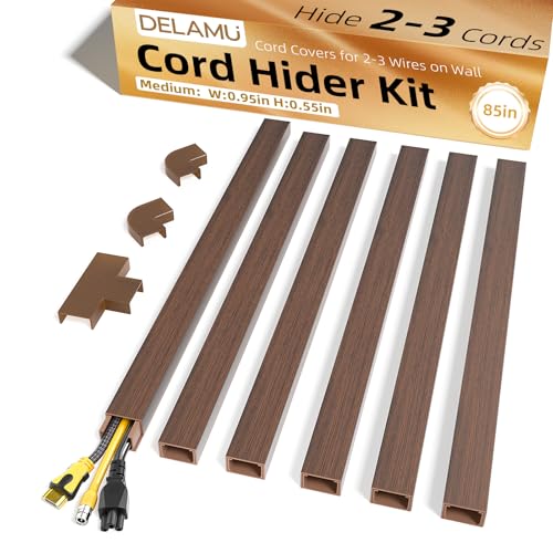 Delamu Cord Hider, 85in Cord Covers for 2-3 Wires on Wall, Self-Adhesive Cable Hider, PVC Wire Hiders Wire Covers for TV Cords on Wall, Easy Mount Cable Cover Raceway Kit, W0.95 H0.55in, Cherrywood - color: CherryWood, size: 85in L x 0.95in W x 0.55in H