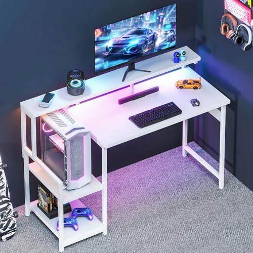 AODK 48 Inch Gaming Desk with LED Lights, Computer Desk with Storage Shelves, Reversible Desk with Monitor Stand, White - color: White, size: 48 Inch