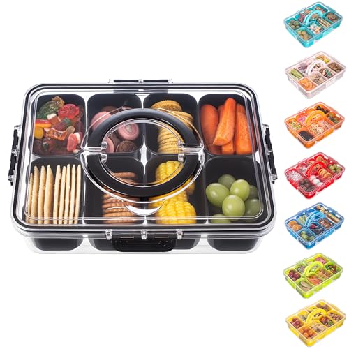 Dingerjar Divided Serving Tray with Lid and Handle - Snackle Box Charcuterie Container for Portable Snack Platters Organizer for Candy, Fruits, Nuts, Snacks - Perfect for Party, Entertaining, Black - color: Black