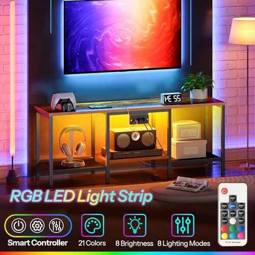 HOOBRO TV Stand with Charging Station to 55 Inches, LED Entertainment Center, Media TV Console Table with Open Storage Shelving for Living Room, Bedroom, Rustic Brown and Black BF122UDDS01 - color: Rustic Brown + Black