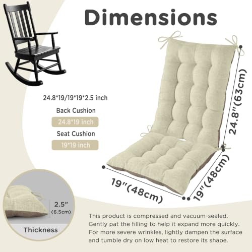 AddGrace Non-Slip Rocking Chair Cushion Extra Large Linen Thick Chair Pads Durable High Back Seat Cushions with Ties Set of 2 Beige - color: Beige