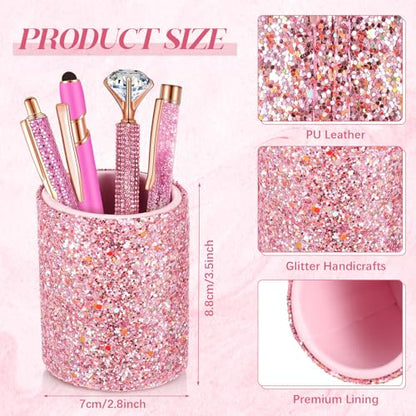 Sabary 8 Pcs Shiny Pink Pens with Pen Holder for Desk Glitter Crystal Diamond Cute Ballpoint Fancy Pencil Holder Bling Desk Organizer for Women Girls School Office Supplies Wedding Graduation Gifts - color: Shiny Pink