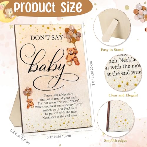 Roowest 51 Don't Say Baby Shower Game Wooden Sign Table Decor Gift Sets 50 Necklaces Felt Bear Pattern Necklaces for Baby Shower Gender Reveal Games Party Favor(Brown)
