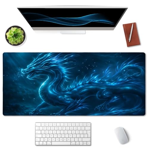 SSOIU Extended Mouse Pad, XXL Gaming Mouse Pads, Large Big Mousepad Laptop Computer Keyboard Mat Desk Pad with Non-Slip Base Stitched Edge for Gaming Office, 35.5 x 15.7 inch, Blue Dragon - color: Blue Dragon
