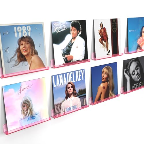 Laurensory 8 Pack Vinyl Record Shelf Wall Mount Shelves, 12 inch Clear Acrylic Vinyl Record Holder Display, Floating Shelves for Wall Decor, Magazine Rack, Kids Bookshelf for Bedroom Living Room, Pink - color: Pink, size: 8 Pack