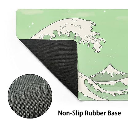 Matcha Green White Japanese Anime Gaming Mouse Pad XL Cute Kawaii Sage Aesthetic Wave Extended Large Desk Mat Non-Slip Rubber Base Stitched Edge Keyboard Mousepad for PC Office Laptop,31.5×11.8 in - color: Green Wave, size: X-Large