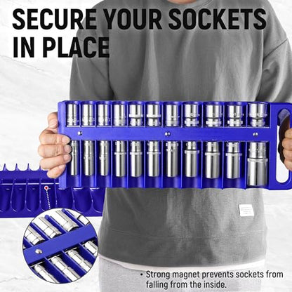 Reniteco Magnetic Socket Organizer Set, 3 Pcs Blue Portable Heavy Duty Socket Rail Set: 1/4-Inch x 22 Pallets, 3/8-Inch x 28 Pallets, 1/2-Inch x 26 Pallets, Hold 76 Sockets - Fit Shallow&Deep Sockets - color: Blue