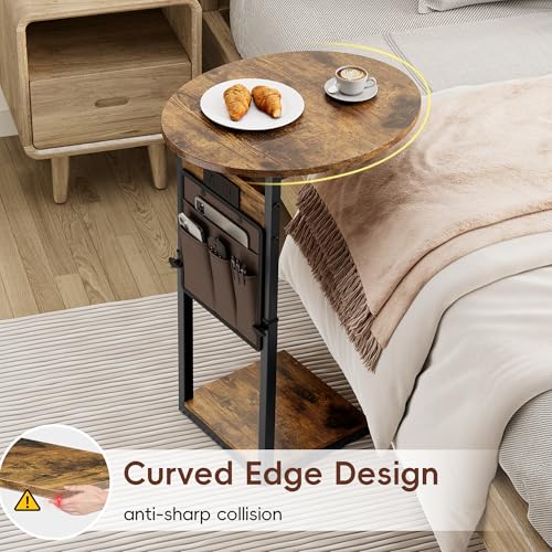 Vagusicc C Shaped End Table with Charging Station, Adjustable Height Side Table for Couch, 32" Tall End Table Small Couch Side Table, Slide Under Sofa TV Tray Snack Arm Tables for Living Room, Brown - color: Rustic Brown, style: Charging Station