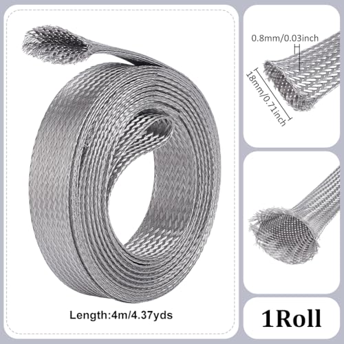 UNICRAFTALE 13.12ft(4m) 0.7" W Braided Sleeving Braid Stainless Steel Cable Wire Shielding Sleeve Ground Straps Protection Flat Metal Mesh Flexible Expandable Scalable Ribbon Wire for Protect Cable - size: 4m x 18mm