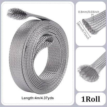 UNICRAFTALE 13.12ft(4m) 0.7" W Braided Sleeving Braid Stainless Steel Cable Wire Shielding Sleeve Ground Straps Protection Flat Metal Mesh Flexible Expandable Scalable Ribbon Wire for Protect Cable - size: 4m x 18mm