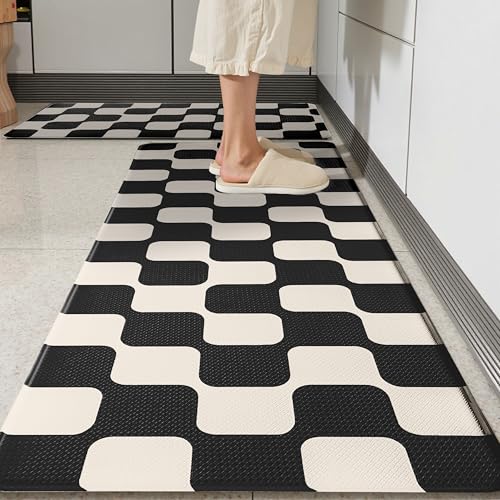 Black Beige Retro Curvy Checkered Grid Checkerboard Kitchen Rug Sets [2 PCs], Anti-Fatigue, Waterproof Non-Slip Kitchen Mats Heavy Duty Comfort Foam Rug for Floor, Home, Laundry,17"x29"+17"x47" - color: Milkgrid-black & Beige, size: 17.3"x29"+17.3"x47"-0.