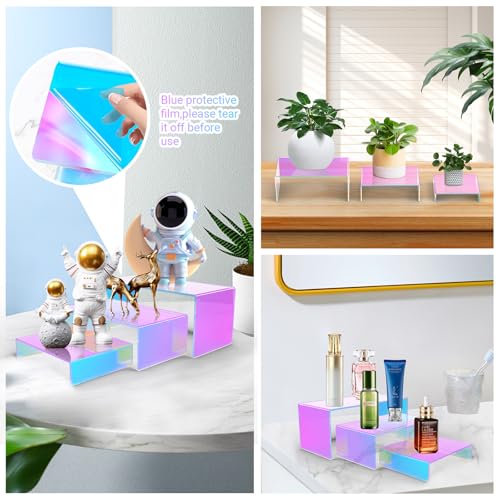 12 PCs Small Iridscent Risers Display Stands 3 Tiers Desktop Acrylic Shelves Small Cake Dessert Holder Products Stand for Collectibles Shoes Jewels Pop Figure (Iridescent2) - color: Iridescent 12 PCs