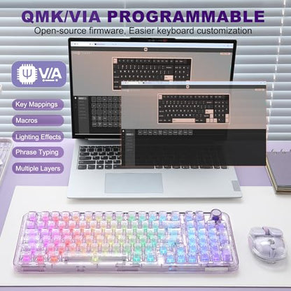 YUNZII X98 QMK/VIA Wireless Mechanical Gaming Keyboard with Knob,Tri-Mode BT5.0/USB-C/2.4GHz Hot Swappable Keyboard,Pre-lubed Switches Gasket Mount RGB Backlit for Wins/Mac (Purple, Crystal Switch) - color: Purple, size: Crystal Switch