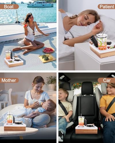 Couch Cup Holder Tray, Silicone Acacia Wooden Couch Caddy with Cup Holder for Snacks, Drinks, Remotes, Waterproof Cup Holder for Couch, Organizer, Couch Drink Holder, Pillow - color: A-white
