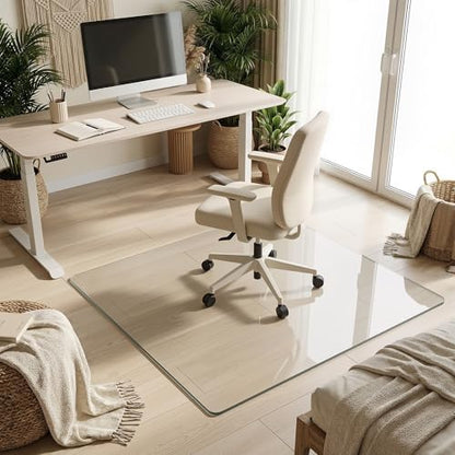 Tempered Glass Chair Mat for Hardwood Floor, 45" x 45" Heavy Duty Glass Office Chair Mat, for Low Pile Carpet, 0.2" Thick with 4 Non-Slip Pads, Smooth Rolling for Home & Office - size: 45" x 45"