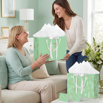woric 13.7" Sage Green Gift Bags for Women, 2 Pcs Gift Bag with Handles | 2 Pcs Bag with Tissue Paper & Cards, Wedding Bridal Shower, Birthday Baby Showers, Special Occasions - color: Sage green