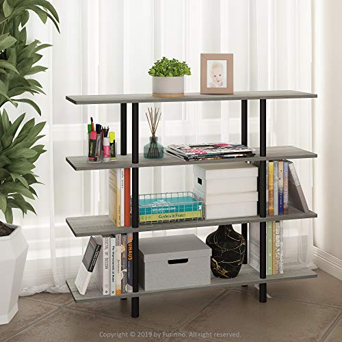 Furinno Turn-N-Tube 4-Tier Wide Display Shelf, French Oak Grey/Black - color: French Oak/Black, style: 4-Tiers