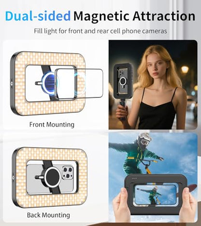 Magnetic 6000mAh RGB Selfie Ring Light for iPhone,448 LED Rechargeable Phone Light with Mini Tripod Stand, Double-Sided Magnet Handheld Stabilizer with Light for Magsafe/Phones/Video Recording/Photos