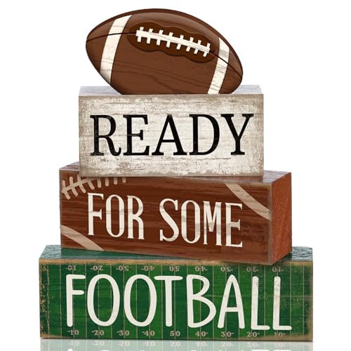 Yuntau 4 Pcs Football Fall Table Decoration Happy Football Wooden Block Sign Rugby Tiered Tray Decor Centerpiece Decorative Faux Book Stack for Holiday Tabletop Fireplace Shelf Desk Party Decor - style: Classic Football