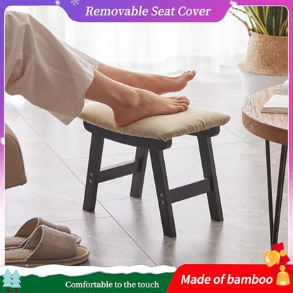 Kitsanery Foot Stool,Ottoman,Bamboo Small Sofa Foot Rest Under Desk,Extra Seating for Living Room, Bedroom and Kitchen (Black Stool Legs - Beige Surface) - color: Black Stool Legs - Beige Surface