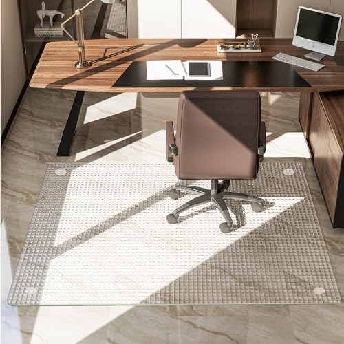 46" x 56" Tempered Glass -Glass Chair Mat, Heavy Duty Hard Floor Mat with Round Corner and Polished Edge, Office Embossed Chair Mat for Carpet Office Home Hardwood Floor Desk - color: Transparent, size: 56"L x 46"W