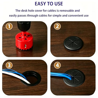 Desk Grommet 2 Inch (50mm) 10-Pack - Black Cable Grommet with Hole Saw & 10 Zip Ties - Desk Hole Cover for Wires, Cable Pass-Through for Office, TV Stand, Workstation - ABS Plastic