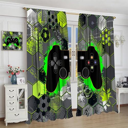 Video Games Window Curtains, Green Honeycomb Gamepad Teens Gamer Controller Window Drapes for Kids Boys Girls Room Playroom 42" W X 54" L - color: Gamepad-10, size: 21"W x 54"L (Pack of 2)