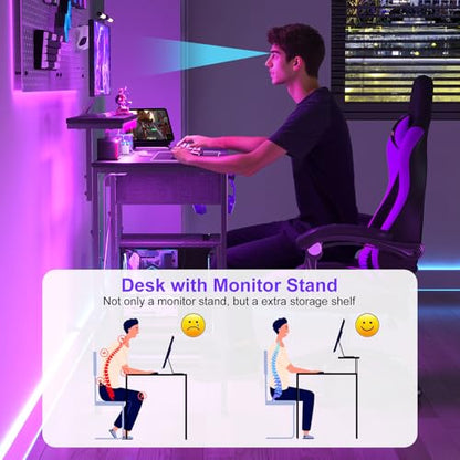 X-cosrack 33.5" Small Gaming Desk with LED Lights & Power Outlets, Compact Computer Desk with Monitor Stand & CPU Stand, Gamer Table with Storage Drawer, Side Hooks for Home Office, Bedroom, Black - size: 33.5" Black