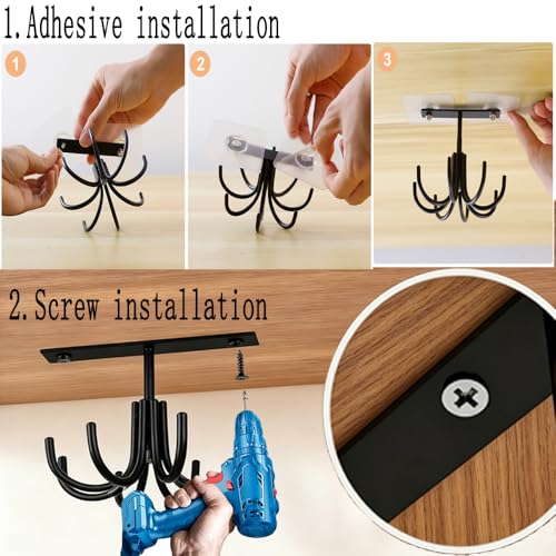 Metal Under Cabinet Kitchen Utensil Hooks,360° Rotating Kitchen Utensil Rack with 8 Hooks,Drilling Free Adhesive Utensils Hanging Rack for Tools/Towel/Knife (Black) - color: Metal-black