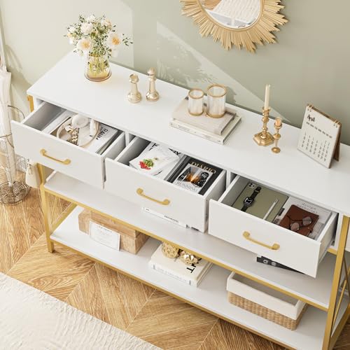 HITHOS 47.2" Console Table with 3 Drawers, Narrow Long Entryway Table with 3-Tier Storage Shelves, Industrial Sofa Foyer Table for Living Room, Hallway, Entry Way, Foyer, Kitchen, White/Gold - size: 47.2"