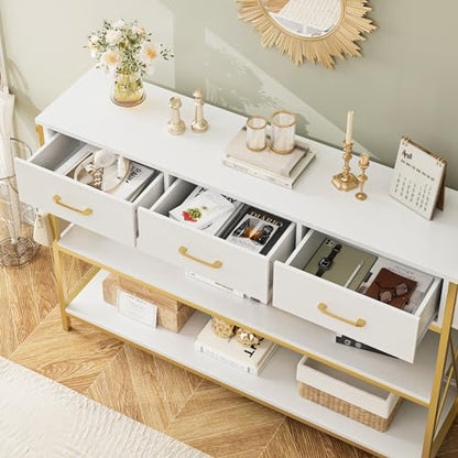 HITHOS 47.2" Console Table with 3 Drawers, Narrow Long Entryway Table with 3-Tier Storage Shelves, Industrial Sofa Foyer Table for Living Room, Hallway, Entry Way, Foyer, Kitchen, White/Gold - size: 47.2"